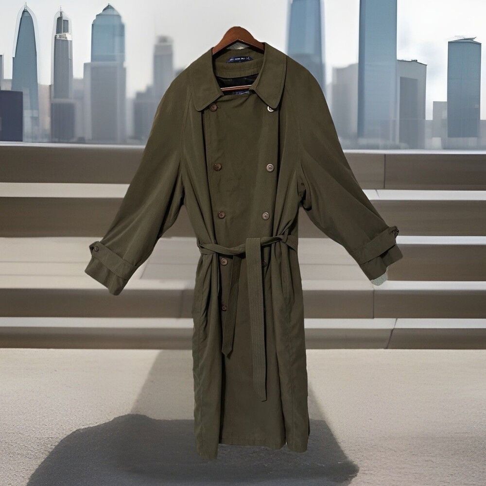 Perusal Trench Coat 46L Green Belted Classic Double Breasted Collared Wool Liner